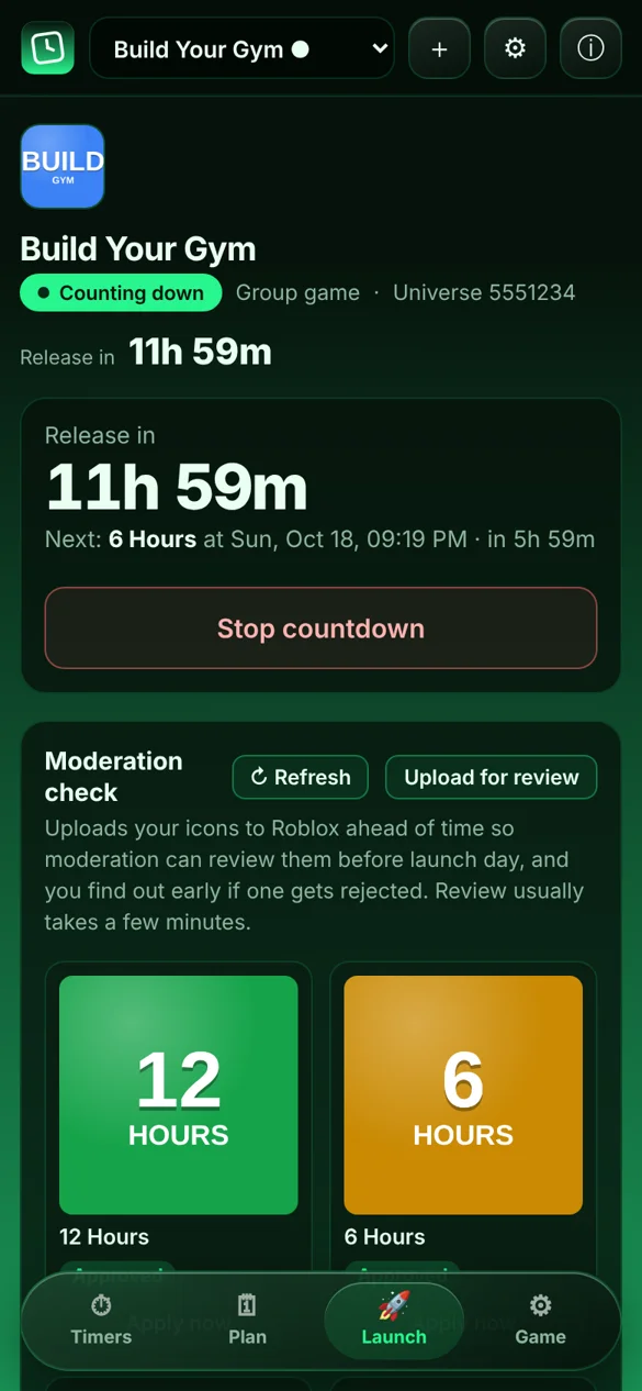 RoIcon on a phone, counting down to a game update