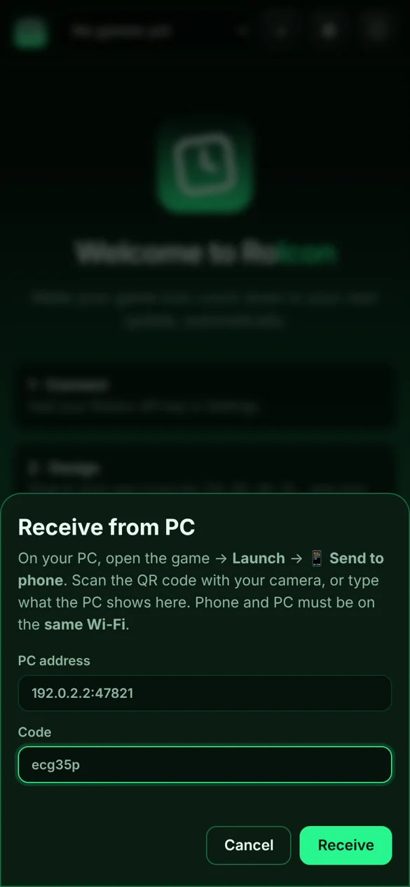 RoIcon on Android: receive from PC